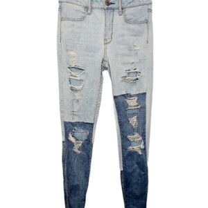 American Eagle Sz 4 Jeggings Hi Rise Patchwork Distressed Super Stretch Denim